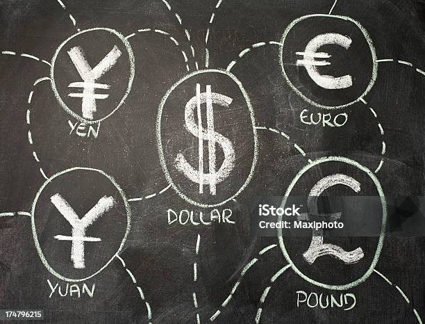 Economia Globale Collegato Mondo Valute Simboli Sulla Lavagna - Immagini vettoriali stock e altre immagini di Affari