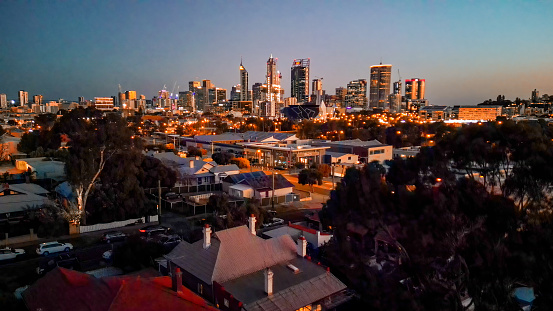 Aerial view of Perth skyline at night, Western Australia