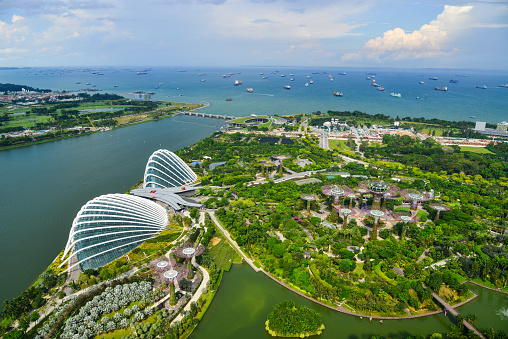 Singapore - Jun 13, 2017. Bird eyes view of Supertree Grove and Flower Dome at Gardens by the Bay in Singapore. Singapore, the Garden City, is a sovereign city-state in Southeast Asia.