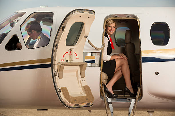 istock Stewardess sitting in a jet, looking thru open door 174796771