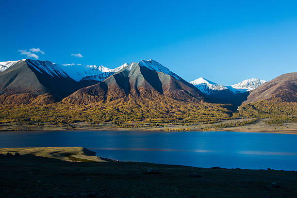 mongole montagnes de l'altaï avec lac bleu khoton nuur - sibiria photos et images de collection