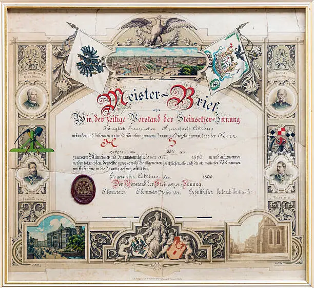 Photo of Historic Master Craftsman's Certificate from 1890, Germany.