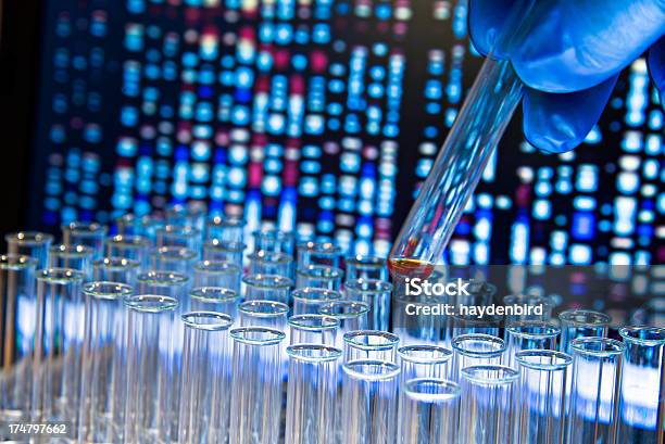장갑을 낀 손으로 테스트 튜브 제거 대한 유전자 차트별 배경기술 면역학에 대한 스톡 사진 및 기타 이미지 - 면역학, 건강 진단, 건강관리와 의술