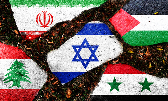 Israeli, Palestinian, Iranian, Syrian, Lebanese flags combined with rocks. Basemap and background concept. Double exposure hologram.