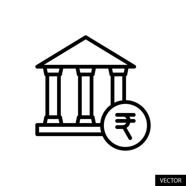 Bank with INR symbol, Indian Rupee sign vector icon in line style design isolated on white background. Editable stroke. Bank with INR symbol, Indian Rupee sign vector icon in line style design for website, app, UI, isolated on white background. Editable stroke. EPS 10 vector illustration. rupee symbol stock illustrations