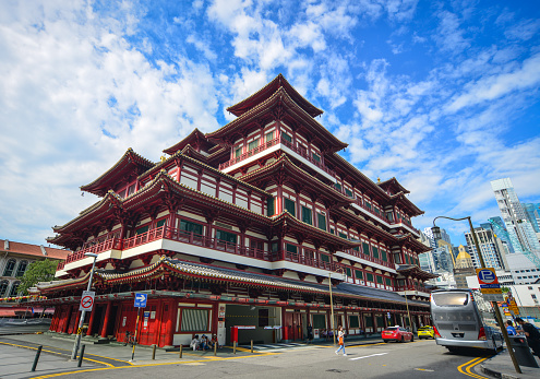 Singapore - Jun 12, 2017. View of Tooth Relic Temple and Museum in Singapore. The remarkable temple, in the heart of Singapore Chinatown, has much to interest its visitors.