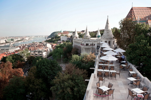 a scene of Budapest from a cafes on Flashermen's bastion at Buda's side