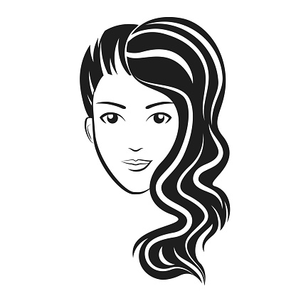 Woman head with wavy hair. Fashion trendy female hairstyle logo monochrome illustration