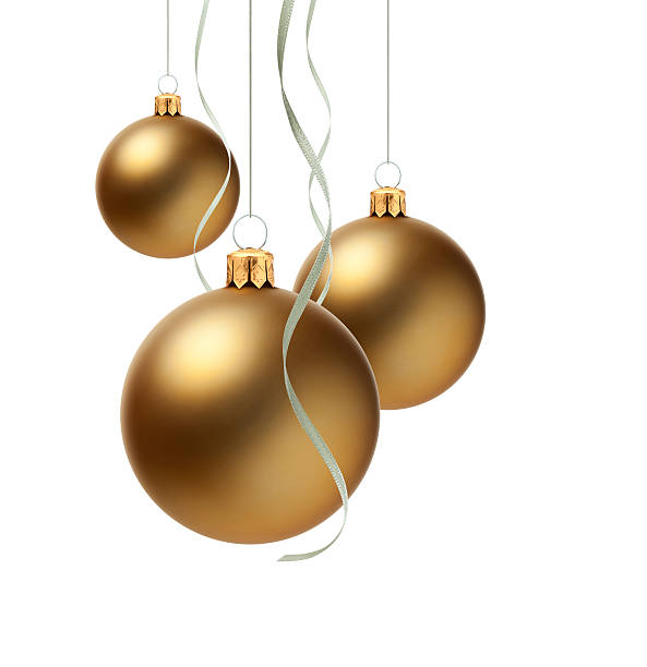 istock Three gold Christmas ornaments hanging on ribbon 174800215