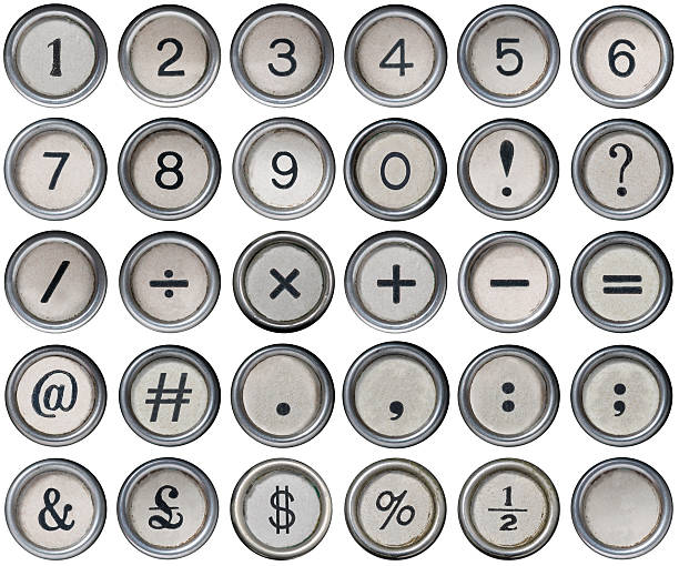 Antique Typewriter Numerical and Punctuation Keys Antique typewriter numerical and punctuation keys isolated on a white background, lined up with precision to ensure easy cut-out. one two three four five six seven eight and nine stock pictures, royalty-free photos & images