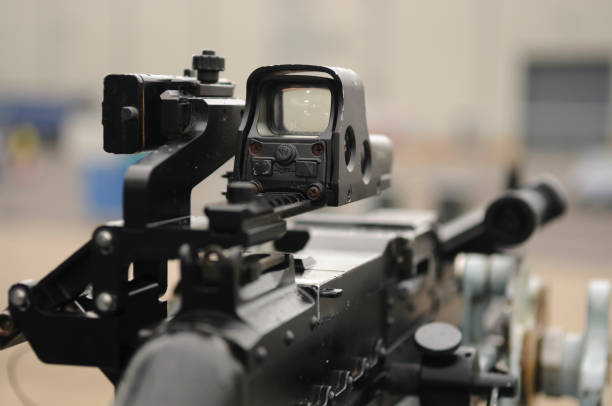 A medium machine gun, mounted on a gimble on a Royal Navy frigate.