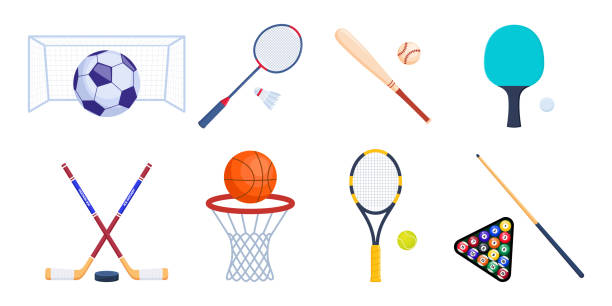 Sports equipment for tennis, badminton, baseball, table tennis, basketball, billiard, soccer, hockey. Rackets, balls, shuttlecock, stick. Vector Illustration. Sports equipment for tennis, badminton, baseball, table tennis, basketball, billiard, soccer, hockey Rackets balls shuttlecock stick Vector Illustration badminton racquet stock illustrations