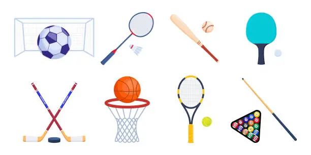 Vector illustration of Sports equipment for tennis, badminton, baseball, table tennis, basketball, billiard, soccer, hockey. Rackets, balls, shuttlecock, stick. Vector Illustration.