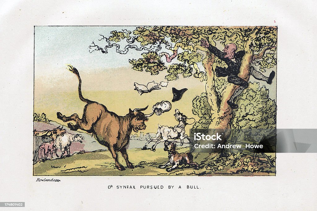 Dr Syntax "Doctor Syntax pursed By A Bull19th Century Book Character, hand tinted at time of publication.In Search Of The Picturesque" 19th Century stock illustration