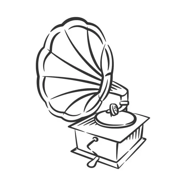 Vector illustration of Gramophone vintage music line art hand drawing