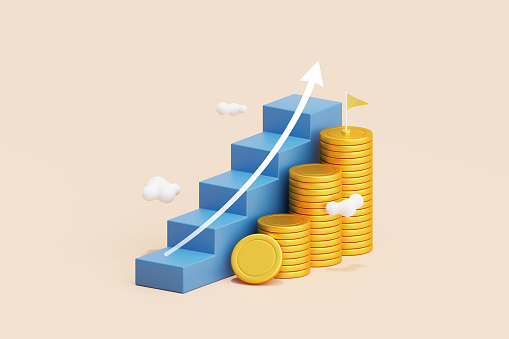Money ladder success business growth concept profit staircase step wealth finance strategy investment stairs development financial arrow 3d background increase potential goal cash coin productivity.