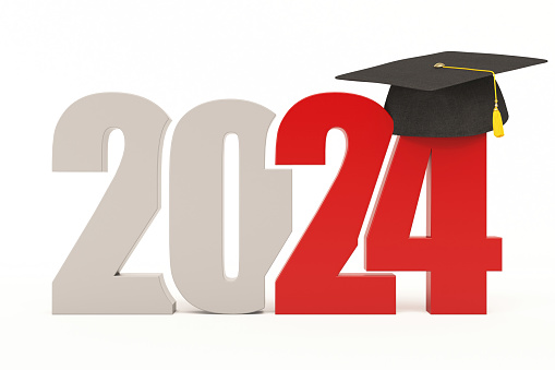 New Year Concept 2024 with Graduation Hat. 2024 New Year Concept. 3D Render
