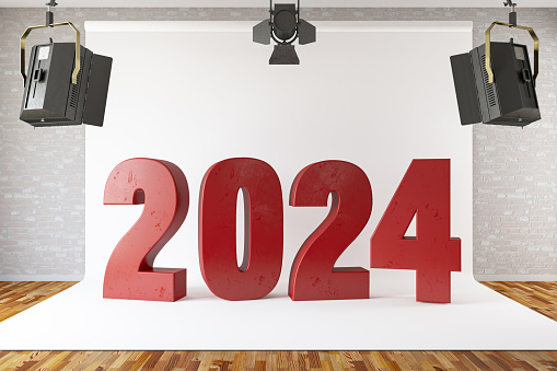 2024 in Photograph Studio with Spotlights. 2024 New Year Concept. 3D Render