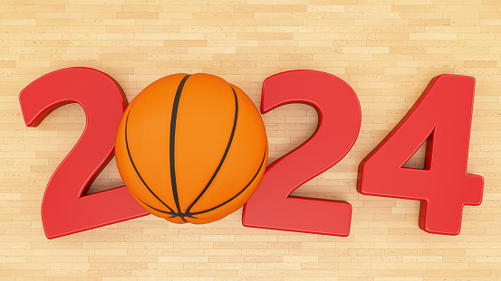 2024 with Basketball Ball on Parquet Court. 2024 New Year Concept. 3D Render