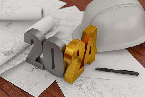 New Year 2024 Golden Number on Construction Project Blueprint. Architect Engineer Office. 2024 New Year Concept. 3D Render