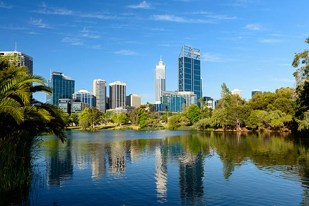 Panoramic View of the Downtown Perth City Skyline in Australia "Downtown Perth city skyline, Australia" perth australia photos stock pictures, royalty-free photos & images