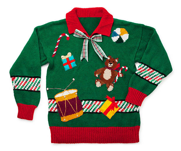 mocno świąteczny sweter na białym tle - ugliness sweater kitsch holiday zdjęcia i obrazy z banku zdjęć