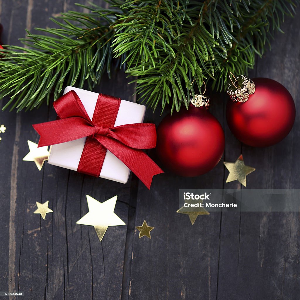 Christmas decoration with copy space Christmas decoration with copy space - focus on the gift box Branch - Plant Part Stock Photo