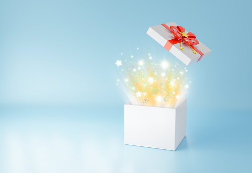 3d render opened gift box red ribbon and gold star with magic light on blue background, Christmas and New years concept