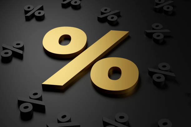istock Gold inscription percent on grey podium, soft light, smooth background, 3d rendering 1748040058