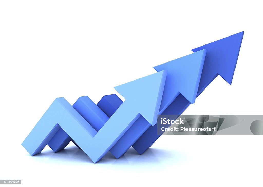 Three blue arrows pointing up isolated on white Group of blue arrows standing in a row showing good financial statistics on white background Growth Stock Photo