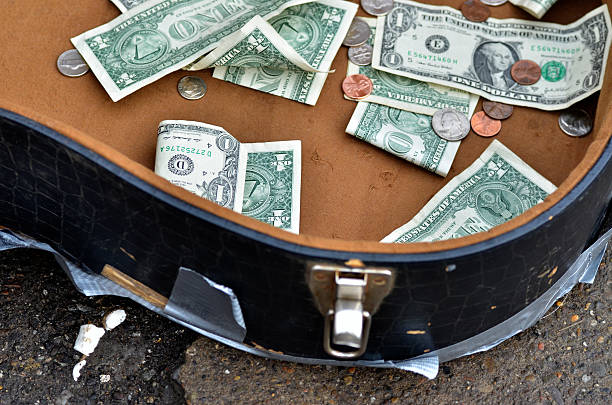 Money in guitar case of street musician.