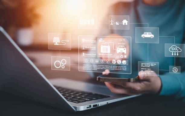 istock Businessman using laptops and touch recycle symbol with virtual modern reduce CO2 emission concept with icons, global warming emissions carbon footprint climate change to limit global warming, energy 1748049292