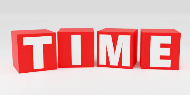 istock Inscription time on red cubes on grey podium, soft light, smooth background, 3d rendering 1748050326