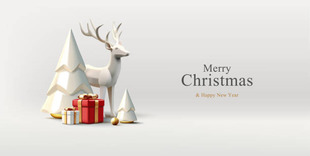 kompozycja życzeń świątecznych z realistycznymi statuetkami 3d z białego złota na choinkę, jelenia, pudełka na prezenty - gift gold box white stock illustrations