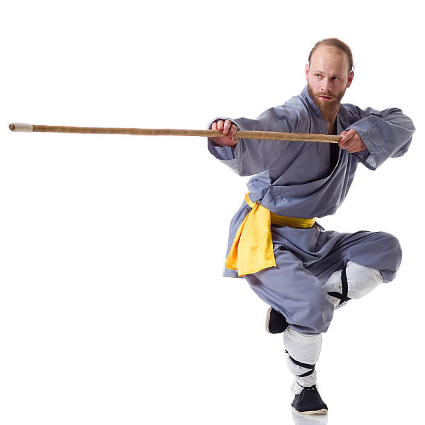 kung fu pozycji walki z wushu cudgel na białym tle - wushu concentration conflict skill zdjęcia i obrazy z banku zdjęć