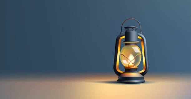 istock Realistic kerosene glass lamp 3d render cartoon illustration. Vector image of lighting travel accessories. realistic lights scene 1748069102