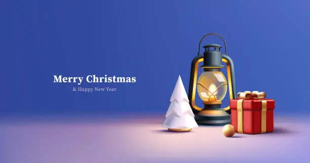 Vector illustration of Christmas greeting card with 3d render composition of vintage kerosene lamp with Christmas tree and red gift box and golden ball
