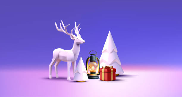 istock Christmas 3d render composition of vintage kerosene lamp with reindeer statuette and Christmas tree and gift boxes 1748070738