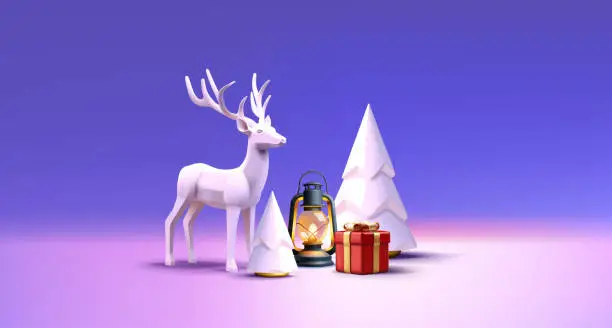Vector illustration of Christmas 3d render composition of vintage kerosene lamp with reindeer statuette and Christmas tree and gift boxes