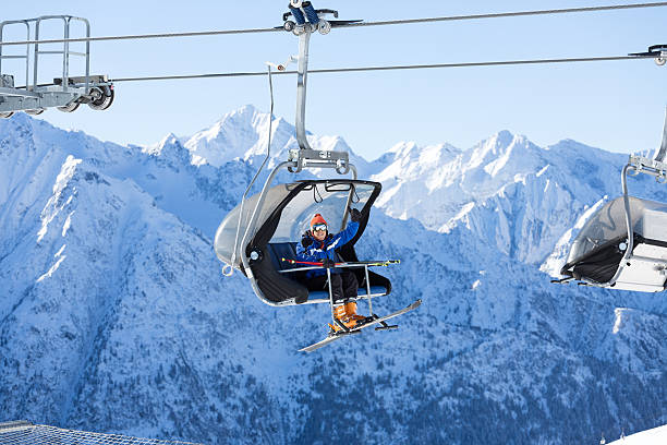 Happy skier "Happy skier on the ski lift, going up." thumbs up for skiing stock pictures, royalty-free photos & images