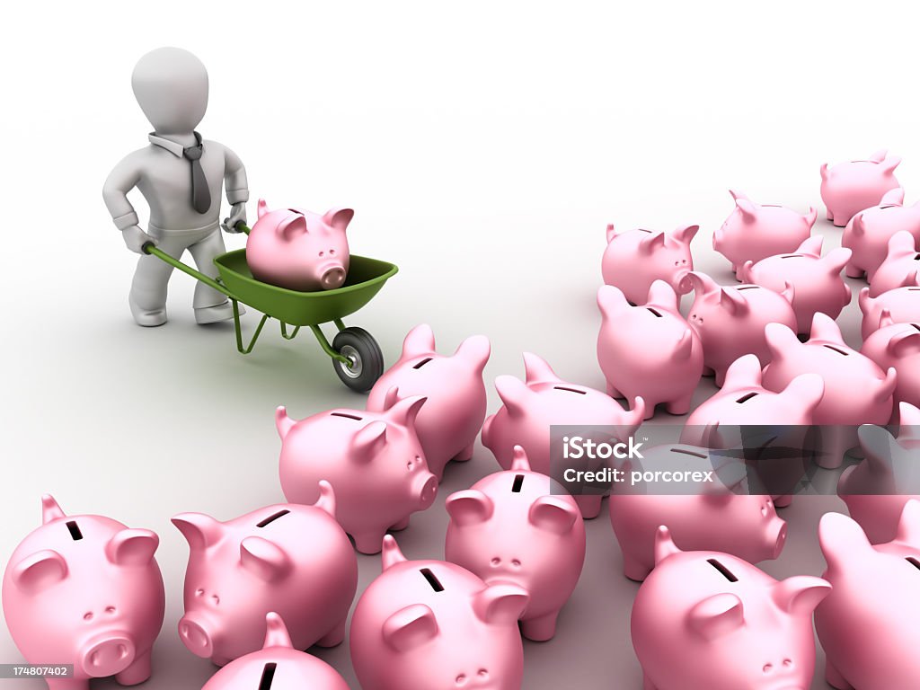 Empresário com carrinho de mão e Piggy Bank - Foto de stock de Branco royalty-free