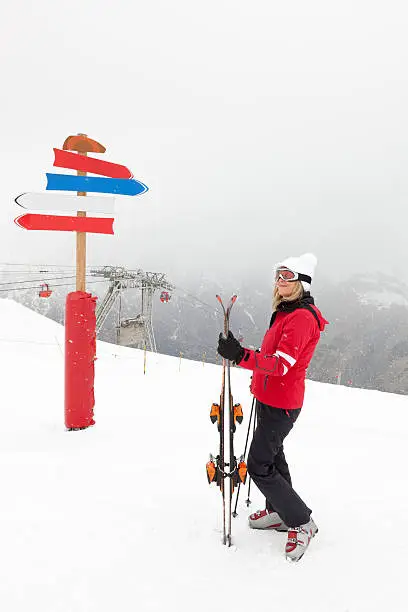 First snow. .  Peaks in the Alps. Woman skiier at the guidepost