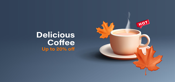 istock Hello Autumn. Fall season Sale banner with 3d illustration of coffee cup with hot beverage and fall maple leaves 1748078273