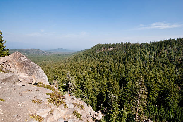 Rock Outcrop and Forest Scott Bluffs and the Whitebark Pine Picnic area are on the East Rim Drive in Crater Lake National Park, Oregon, USA. jeff goulden crater lake national park stock pictures, royalty-free photos & images