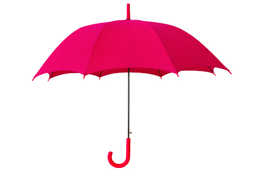 Opened pink umbrella isolated on white background.
