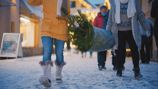 Low section of two women friends shopping and carrying christmas tree at snowy marketplace of Kranjska Gora town