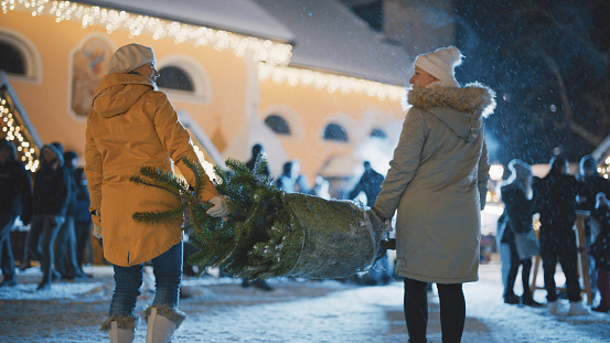 Two women friends in warm clothing carrying a packed christmas tree from illuminated market on a cold winter night