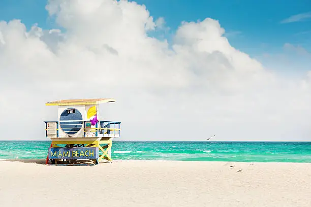 Subject: The beach at South Beach, Miami Beach, Florida with its life guard station.