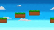 istock Pixel art animation of retro video game background. Animated 8 bit nature landscape scene with green grass, platforms, clouds and blue sky. Pixelated template for computer game or application. 1748112994