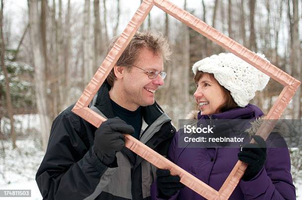 Man And Woman In Winter Forest Stock Photo - Download Image Now - 30-39 Years, 40-49 Years, 45-49 Years